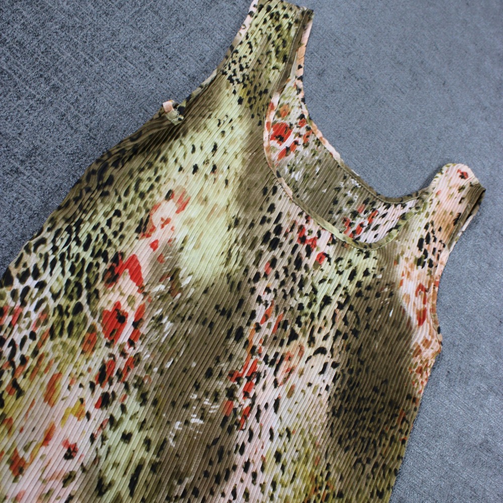 Womens Olive Green Abstract Animal Print Plisse Sleeveless Tank Top Scoop Neck